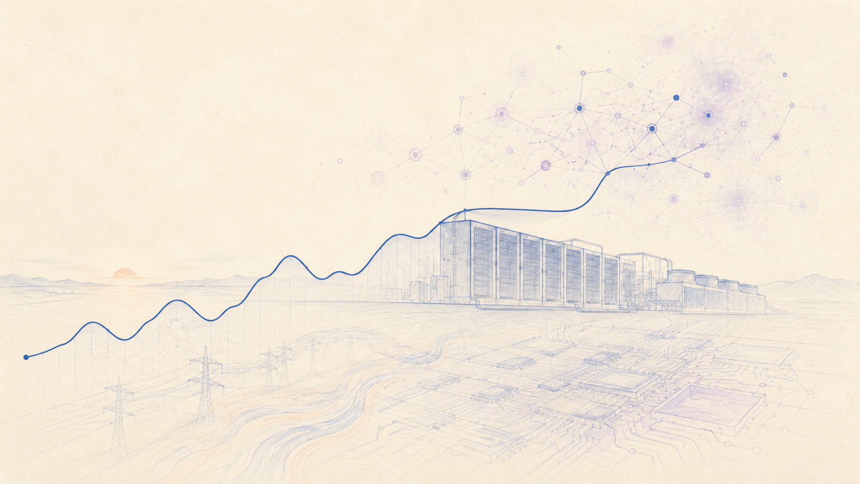 A rising compute curve crossing power infrastructure, AI chips, a data center, and a network of market signals